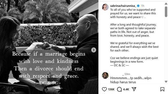 Deddy Corbuzier dan Sabrina Chairunnisa Akhiri Pernikahan, Unggah Pesan Penuh Hormat