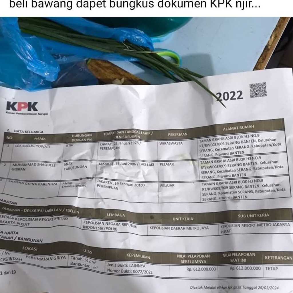 Dokumen LHKPN KPK jadi bungkus bawang, viral di media sosial
