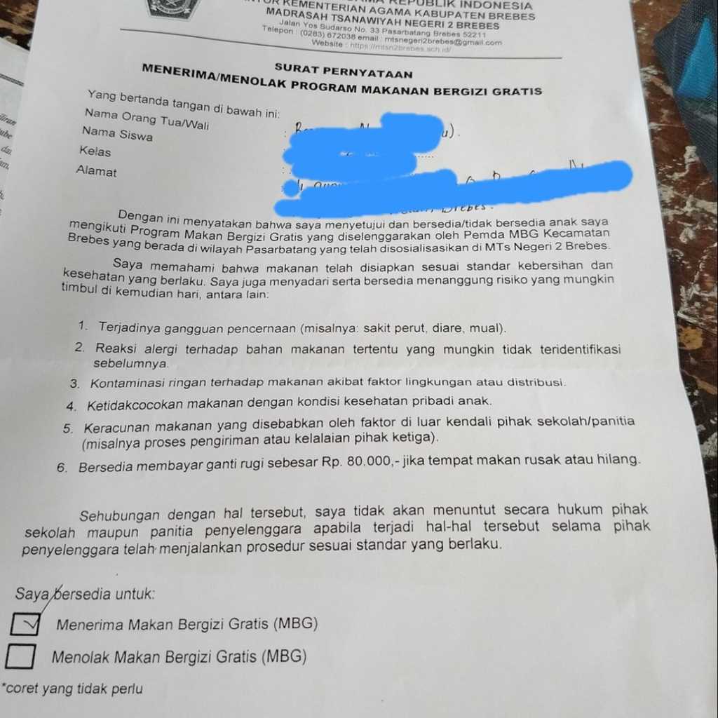 Orang tua murid MTs 2 Brebes diminta terima MBG dengan risiko keracunan
